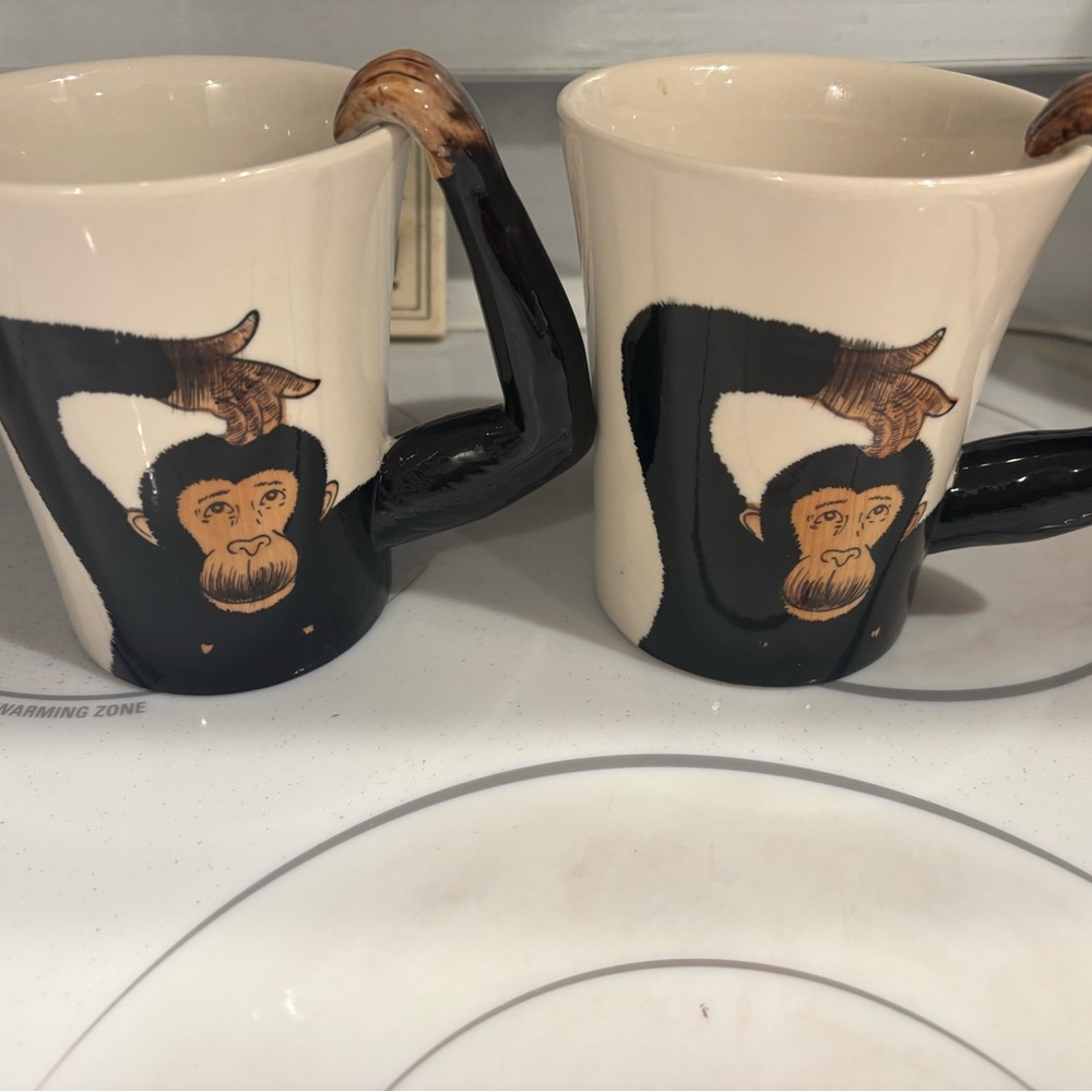 Pier 1 Cream and Black Monkey Mugs